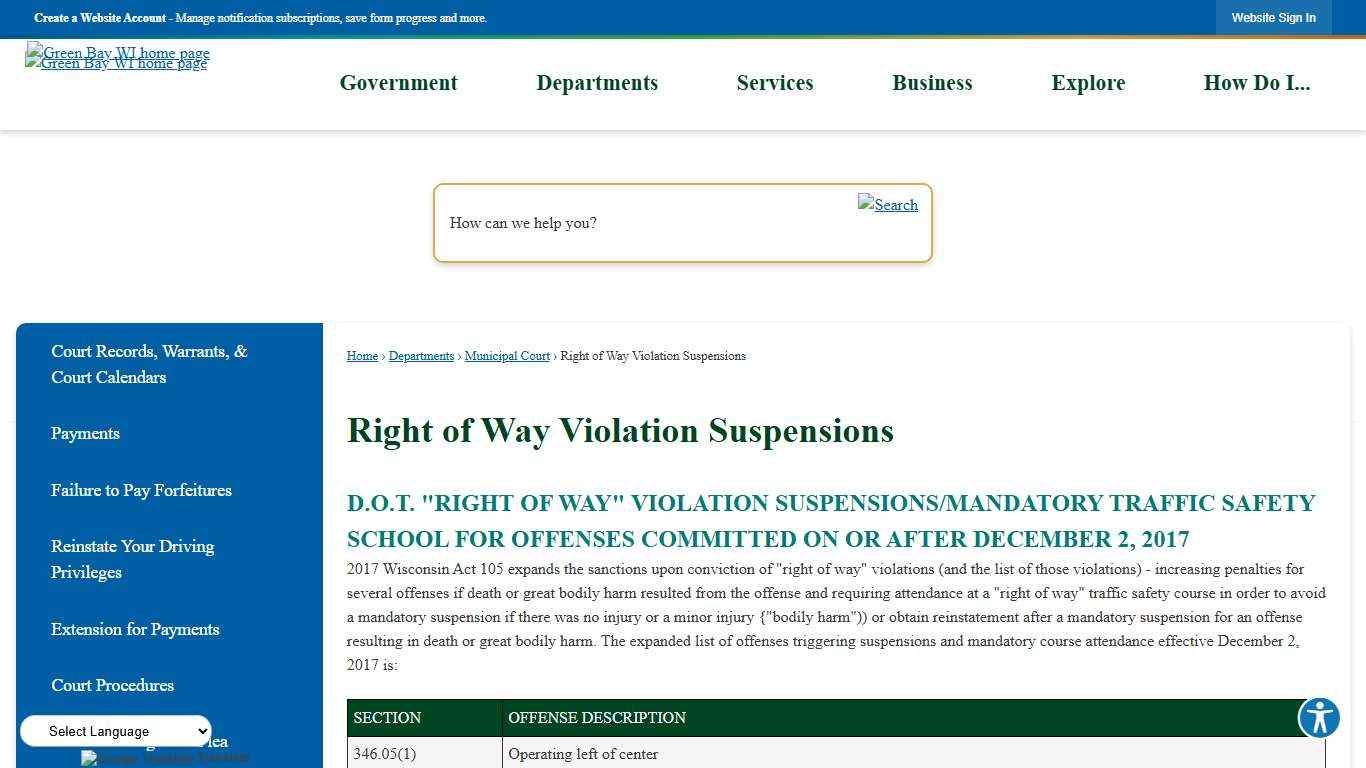 Right of Way Violation Suspensions Green Bay, WI