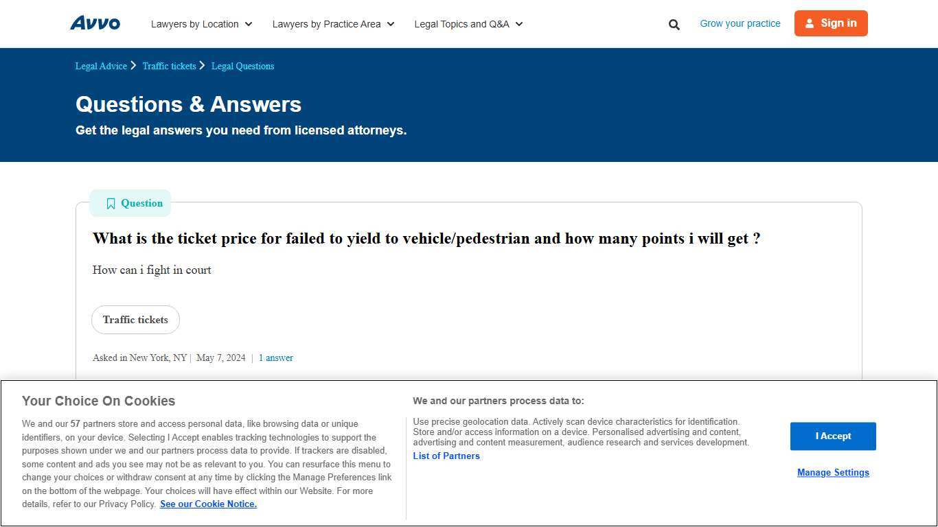 What is the ticket price for failed to yield to vehicle/pedestrian and how many points i will get ? - Legal Answers